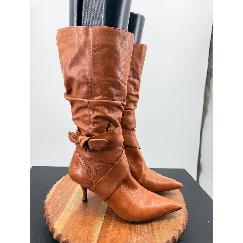 Bronx Vivian Knee High Boots Womens 7.5 Cognac Brown Slouchy Leather Kitten Heel